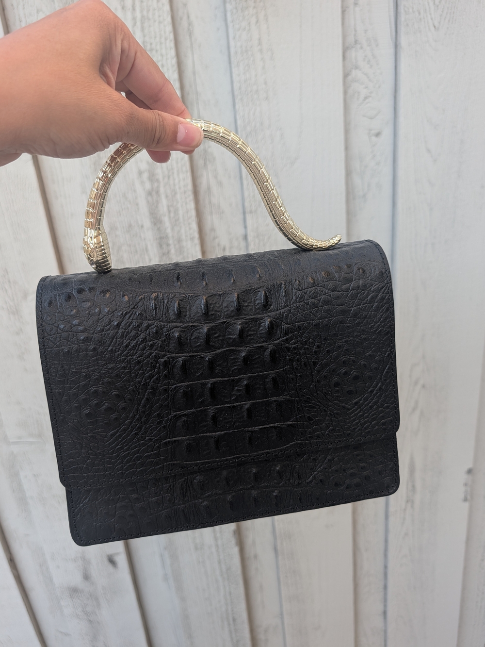 House of Harlow 1960 Black Croc-Embossed Leather Satchel with Snake Gold Handle